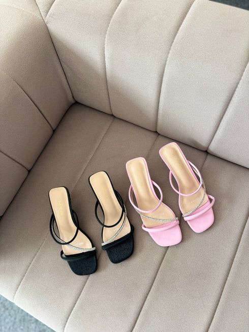 Women Rhinestone Embedded Straps Slid-On Heels